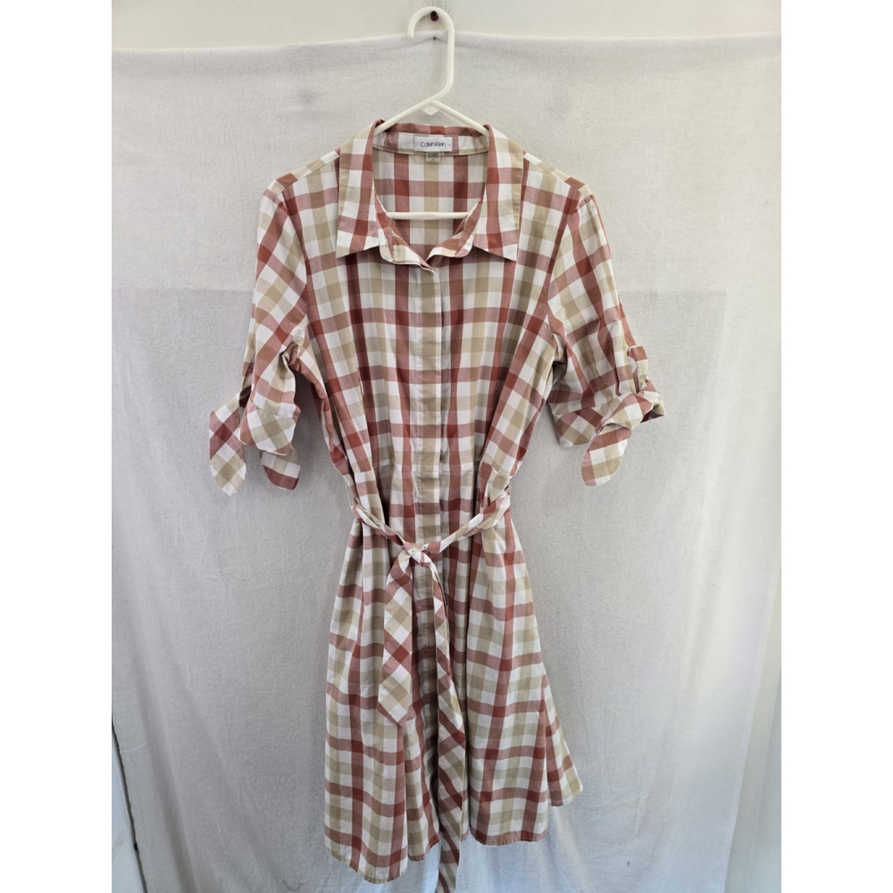 Calvin Klein Red/tan Plaid Country Style Fit/ Flair S Sleeve Dress. Ladies 14 - Picture 2 of 11